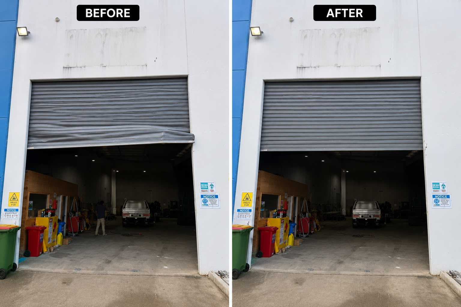 Commercial roller door before and after repair